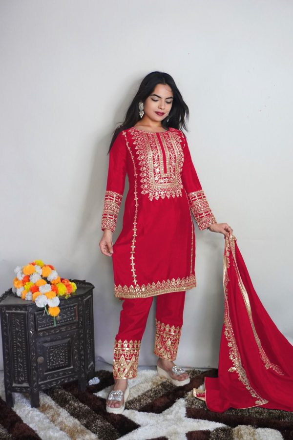 Elegant Red Color Pure Chinnon Silk Embroidery Salwar Suit