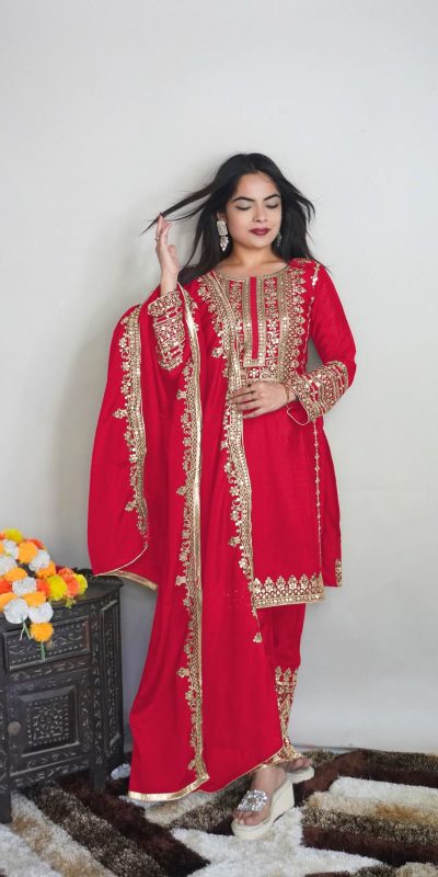 Elegant Red Color Pure Chinnon Silk Embroidery Salwar Suit