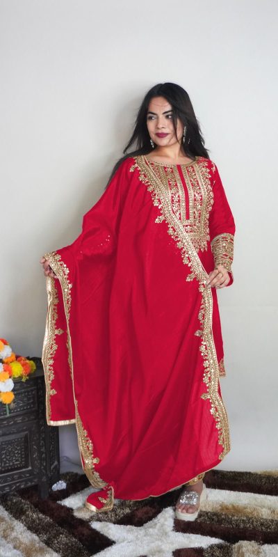 Elegant Red Color Pure Chinnon Silk Embroidery Salwar Suit