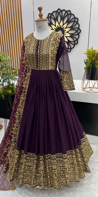 Elegant Wine Color Georgette Embroidery Sequence Work Gown