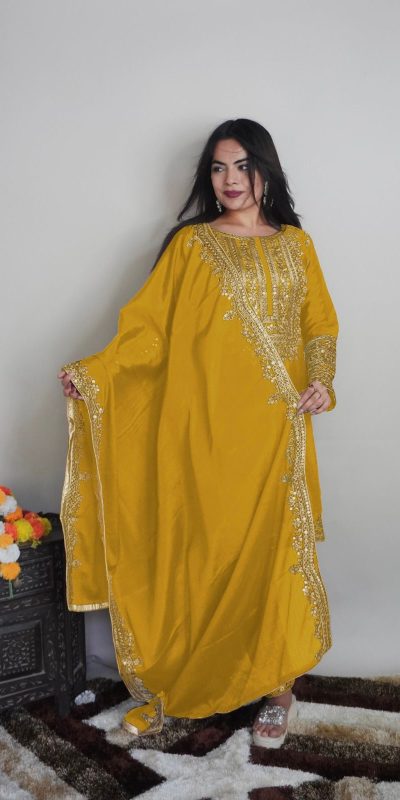 Elegant Yellow Color Pure Chinnon Silk Embroidery Salwar Suit