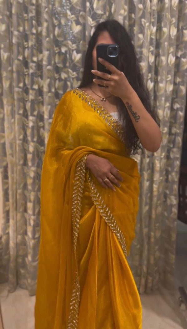 Elegant Yellow Color Soft Jimmy Choo Embroidery Sequence Saree