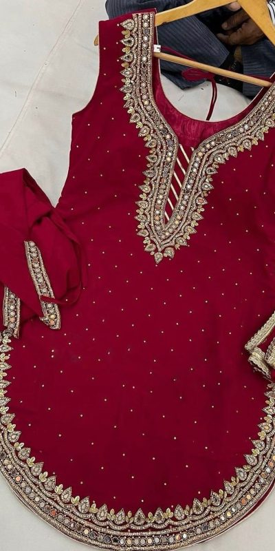 Exotic Red Color Pure Chinnon Embroidery Diamond Salwar Suit