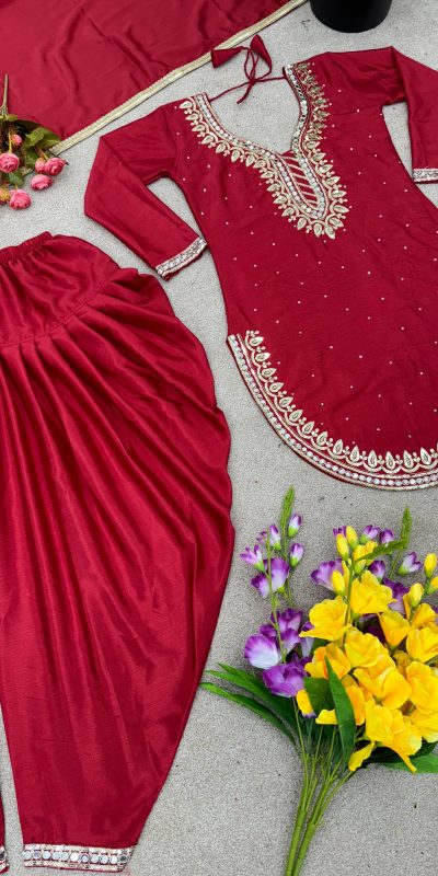 Exotic Red Color Pure Chinnon Embroidery Diamond Salwar Suit