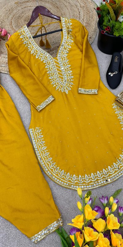 Exotic Yellow Color Pure Chinnon Embroidery Diamond Salwar Suit