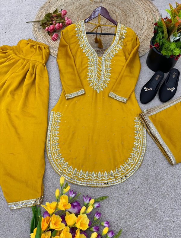 Exotic Yellow Color Pure Chinnon Embroidery Diamond Salwar Suit