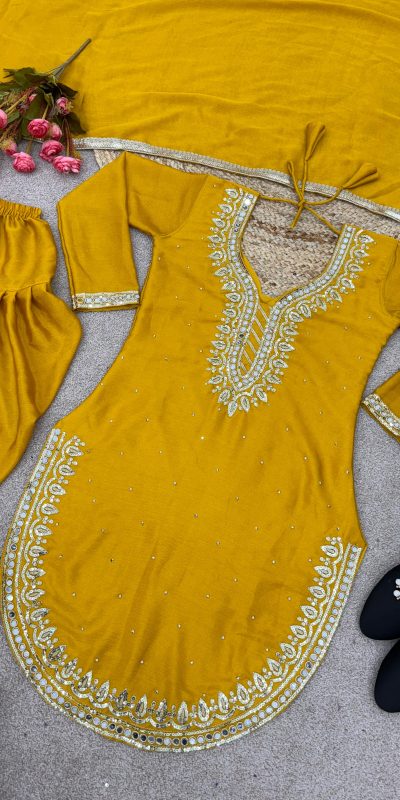 Exotic Yellow Color Pure Chinnon Embroidery Diamond Salwar Suit