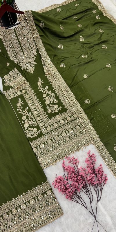 Fancy Mehndi Chinnon Silk Embroidery Coding Dori Salwar Suit