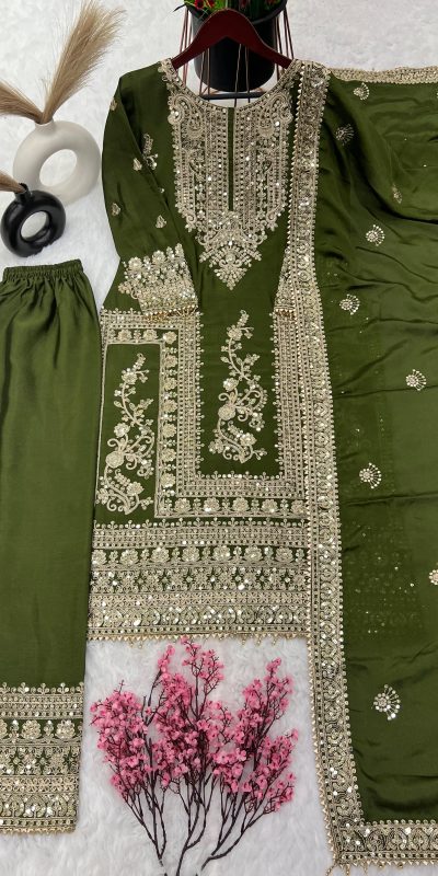 Fancy Mehndi Chinnon Silk Embroidery Coding Dori Salwar Suit