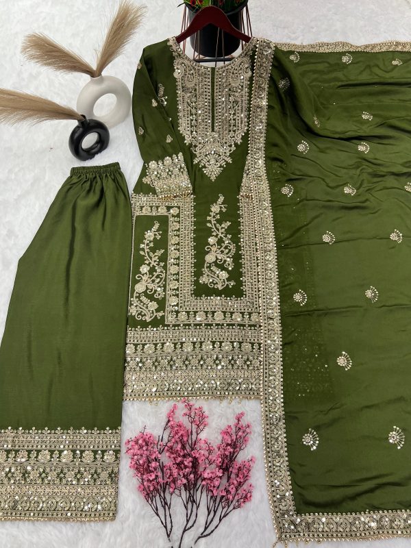 Fancy Mehndi Chinnon Silk Embroidery Coding Dori Salwar Suit