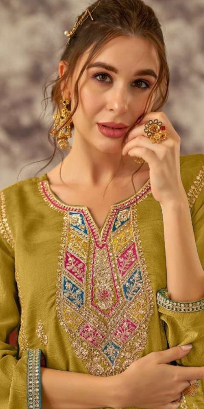 Fancy Mustard Vichitra Embroidery Codding Sequence Salwar Suit