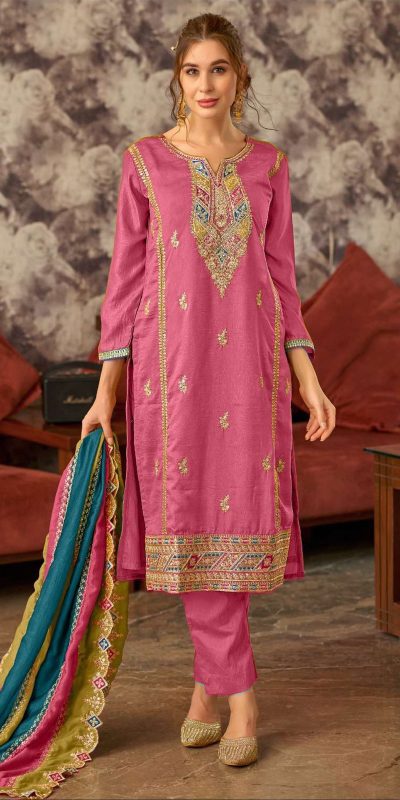 Fancy Pink Color Vichitra Embroidery Codding Sequence Work Salwar Suit