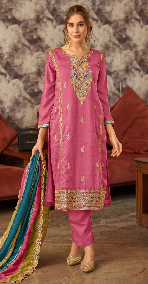 Fancy Pink Color Vichitra Embroidery Codding Sequence Work Salwar Suit