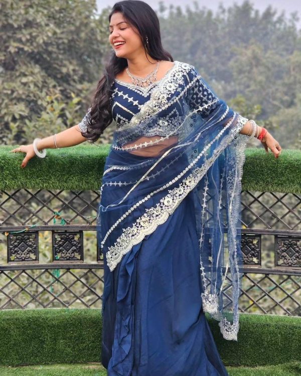 Fancy Royal Blue Color Blooming Vichitra Embroidery Lehenga Saree
