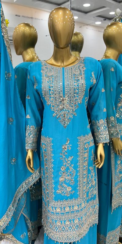 Fancy Sky Blue Chinnon Silk Embroidery Coding Dori Salwar Suit