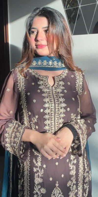 Fine Coffee Color Chinnon Silk Embroidery Sequins Sharara Suit