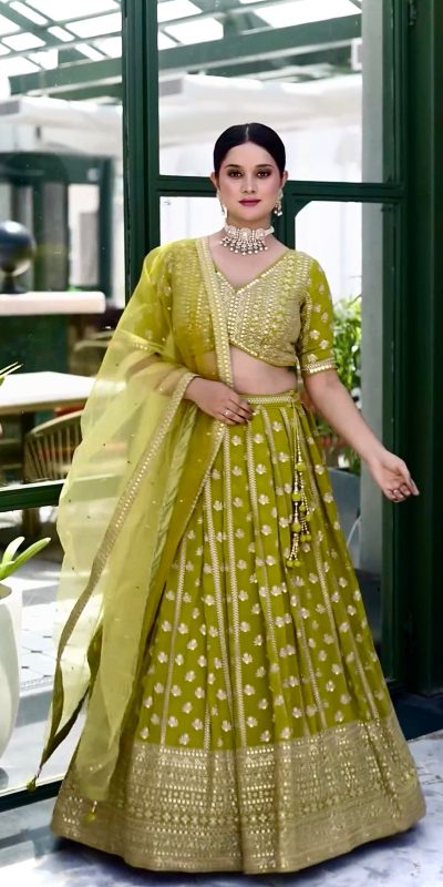 Fine Green Color Chinnon Silk Embroidery Sequins Lehenga Choli