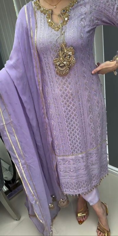 Fine Violet Color Chinon Silk Embroidery Sequence Salwar Suit