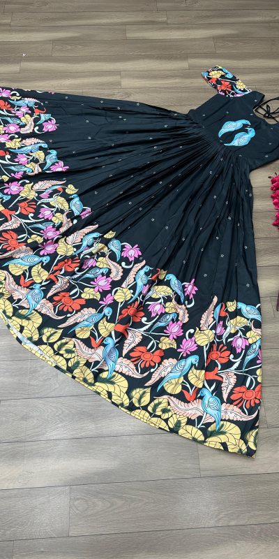 Glamorous Black Color Chant Crepe Kalamkari Printed Gown