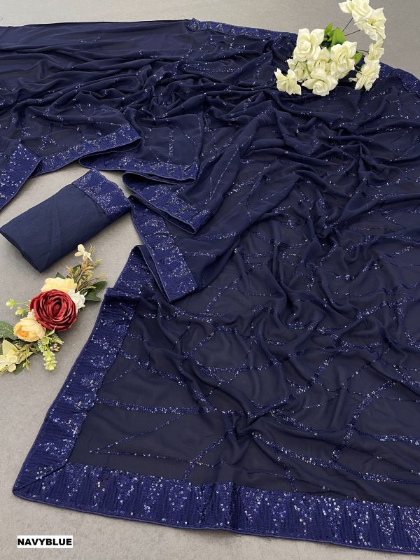 Glamorous Blue Color Georgette Sequins Embroidery Work Saree