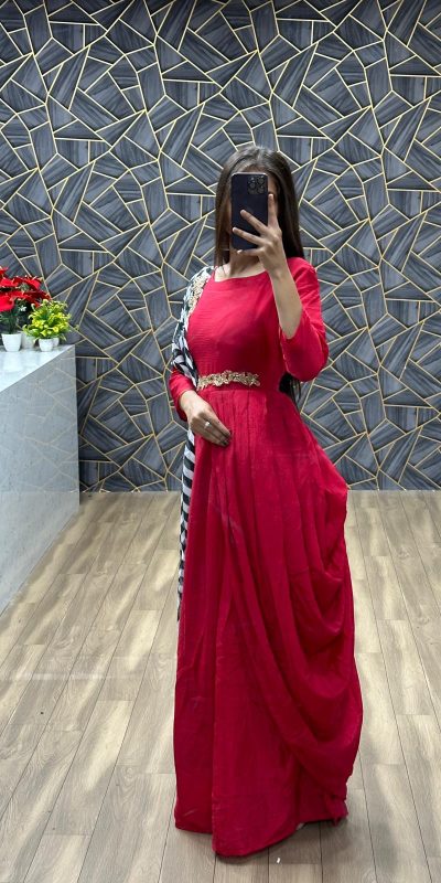 Glamorous Pink Color Chinon Plan Gown Dupatta Digital Print Gown