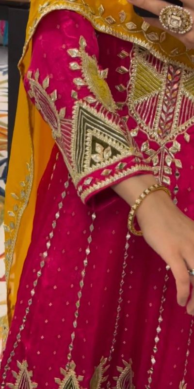 Glamorous Pink Color Roman Silk Embroidery Sequins Gown