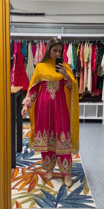 Glamorous Pink Color Roman Silk Embroidery Sequins Gown