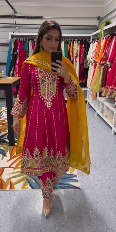 Glamorous Pink Color Roman Silk Embroidery Sequins Gown