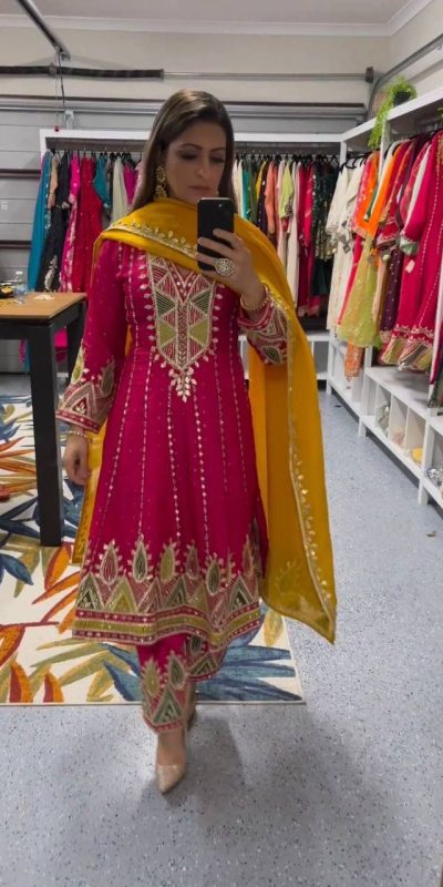 Glamorous Pink Color Roman Silk Embroidery Sequins Gown