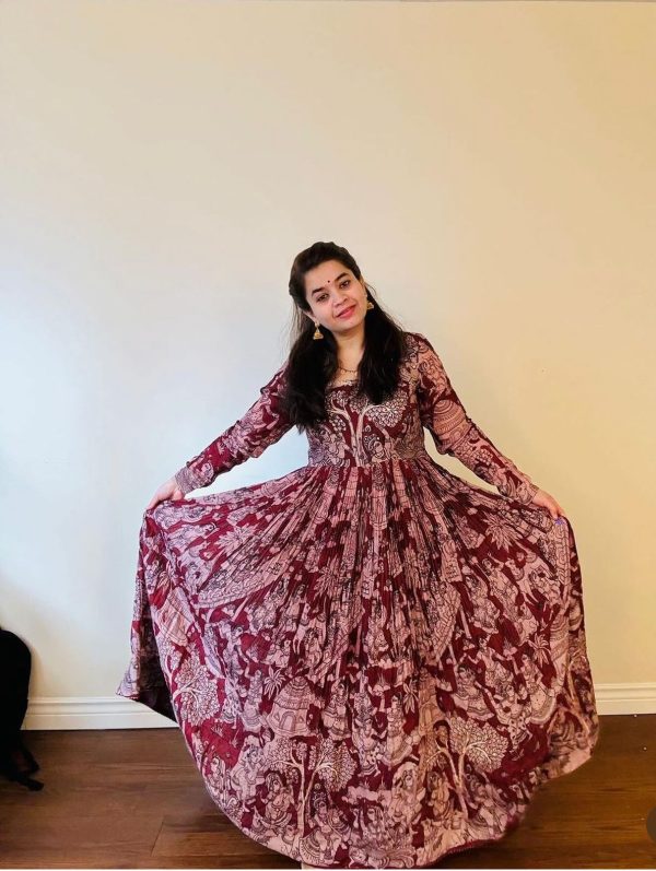 Glamorous Red Color Chant Crepe Kalamkari printed Work Gown
