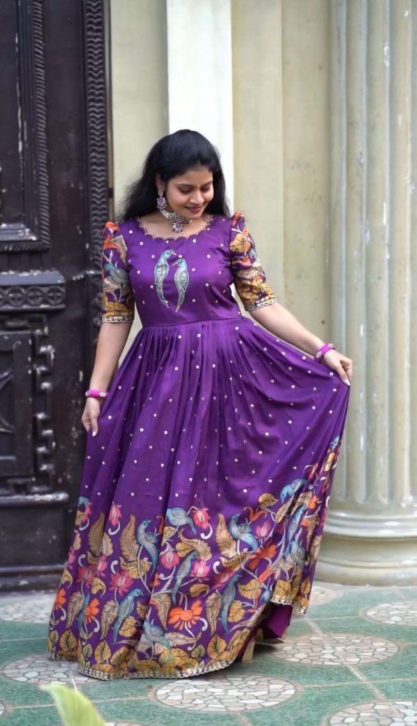 Glamorous Violet Color Chant Crepe Kalamkari Printed Gown