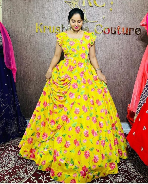 Glamorous Yellow Color Chinon Digital Printed Work Gown