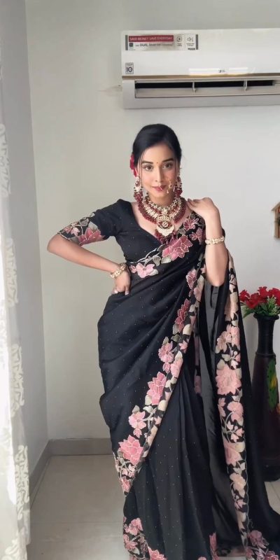 Gorgeous Black Faux Georgette Three With Pearl Work Saree