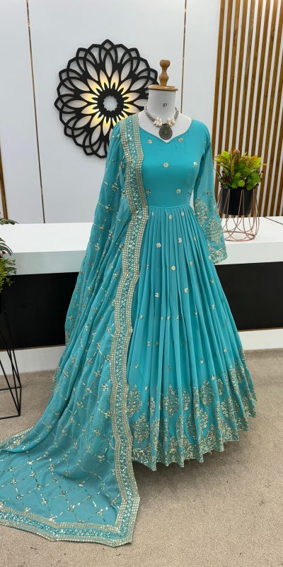 Graceful Blue Color Georgette Embroidery Sequence Work Gown