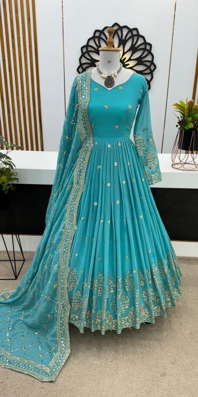 Graceful Blue Color Georgette Embroidery Sequence Work GownGraceful Blue Color Georgette Embroidery Sequence Work Gown