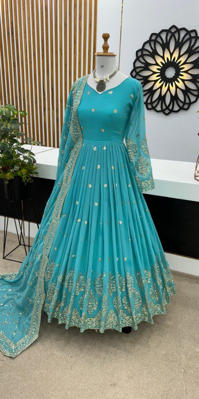 Graceful Blue Color Georgette Embroidery Sequence Work Gown