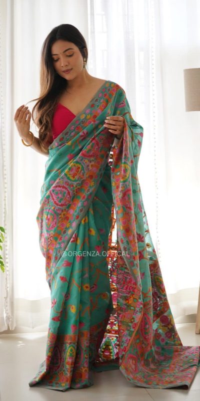 Graceful Blue Color Kashmiri Running Thread Zari Work Saree