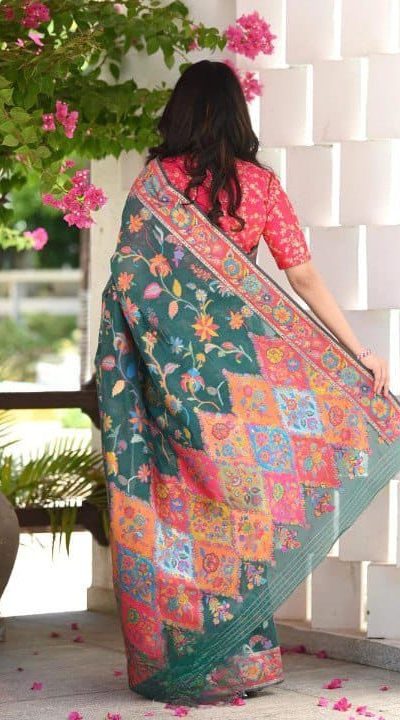 Graceful Green Color Kashmiri Running Thread Zari Work Saree