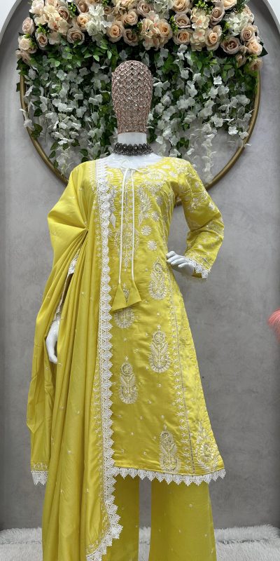 Graceful Mustard Color Maslin silk Thread Work Salwar Suit