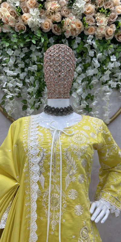 Graceful Mustard Color Maslin silk Thread Work Salwar Suit