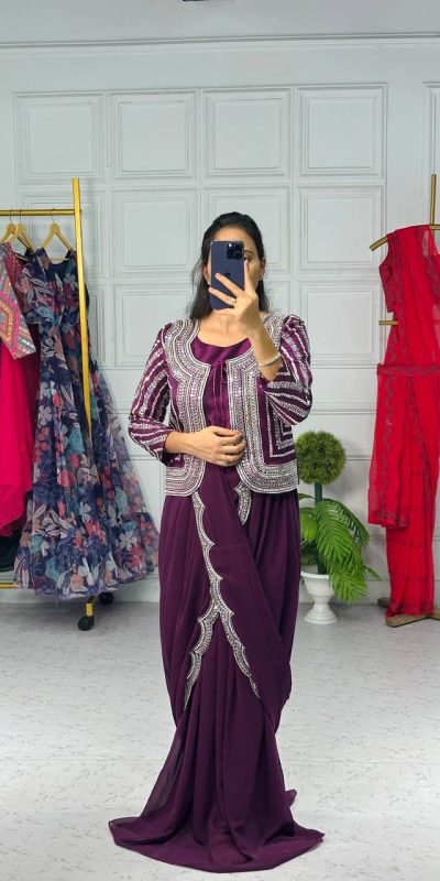 Graceful Purple Color Georgette Koti Embroidery Lehenga Saree