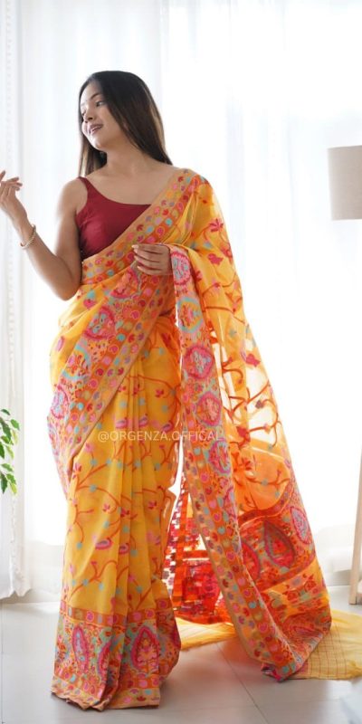 Graceful Yellow Color Kashmiri Running Thread Zari Work Saree