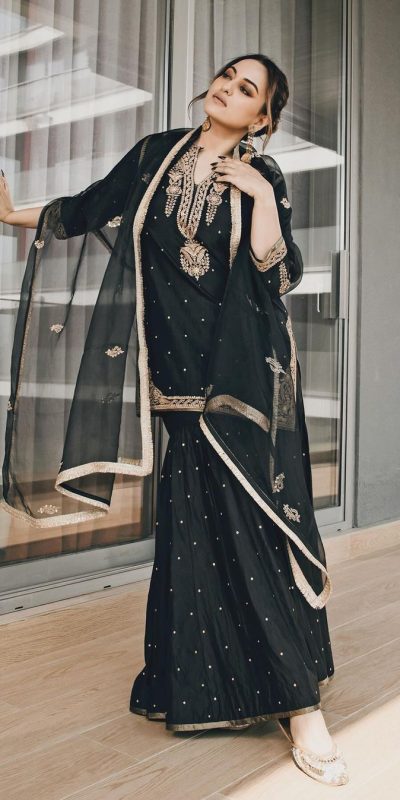 Grand Black Chinnon Silk Embroidery Coding Dori Salwar Suit