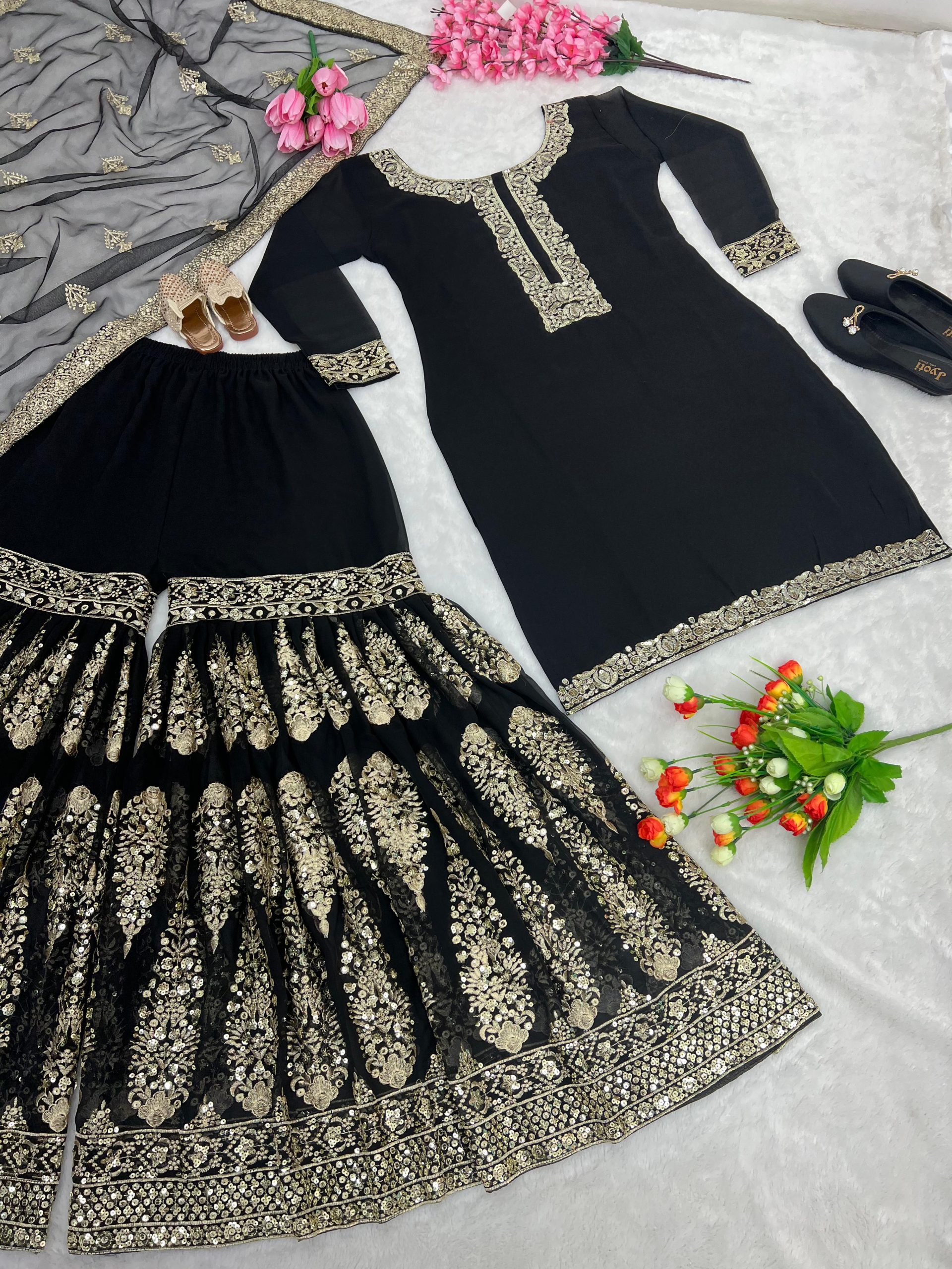 Black Georgette Embroidery Sequence Sharara Suit - Main Image