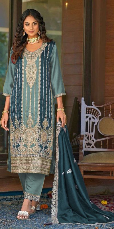 Grand Blue Color Vichitra Embroidery Codding Sequence Salwar Suit