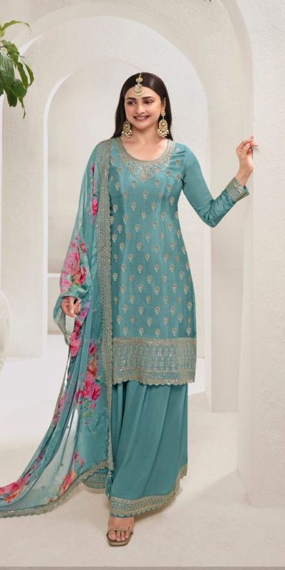 Grand Blue Color Viscose Chinon Embroidered Sequence Salwar Suit