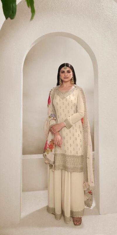 Grand Cream Color Viscose Chinon Embroidered Sequence Salwar Suit