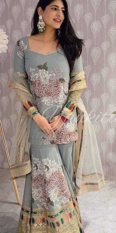 Grand Grey Color Chinnon Silk Embroidery Work Sharara Suit