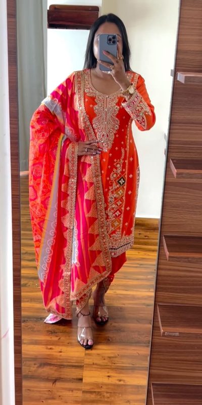 Grand Red Color Chinnon Embroidery Sequence Sharara Suit