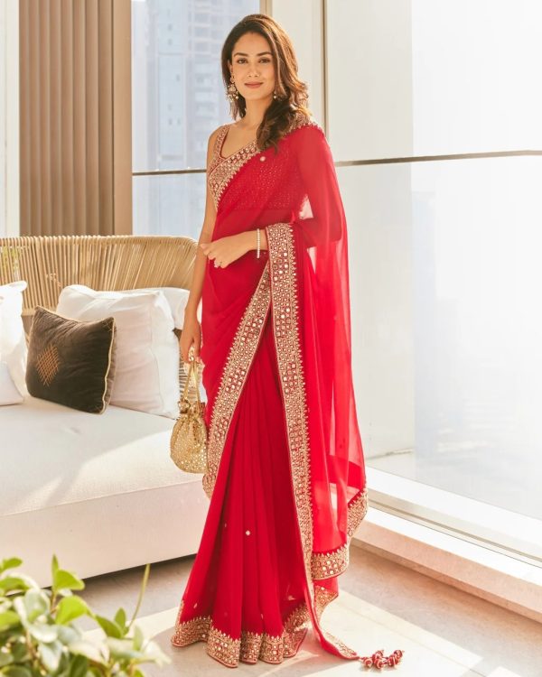 Grand Red Color Georgette Dori Thread Sequence Work Saree